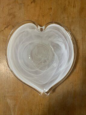 Heart Shaped Dish Glass White Marble Swirl Made In Italy 9” X 8” Blown Glass
